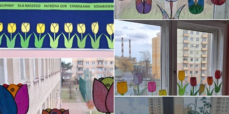 Powiększ grafikę: szkoła ozdobiona ręcznie zrobionymi tulipanami