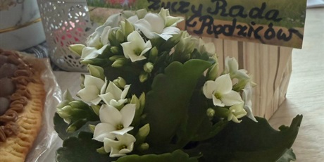 Powiększ grafikę: Doniczka z białymi kwiatami i kartką z życzeniami wielkanocnymi ustawiona na stole