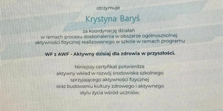 Podziękowania dla naszej Szkoły za udział w projekcie!