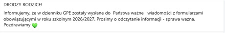 Ważne wiadmości dla Rodziców w dzienniku GPE!