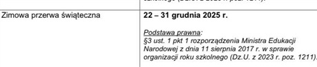 Zimowa przerwa świąteczna - podstawa prawna.